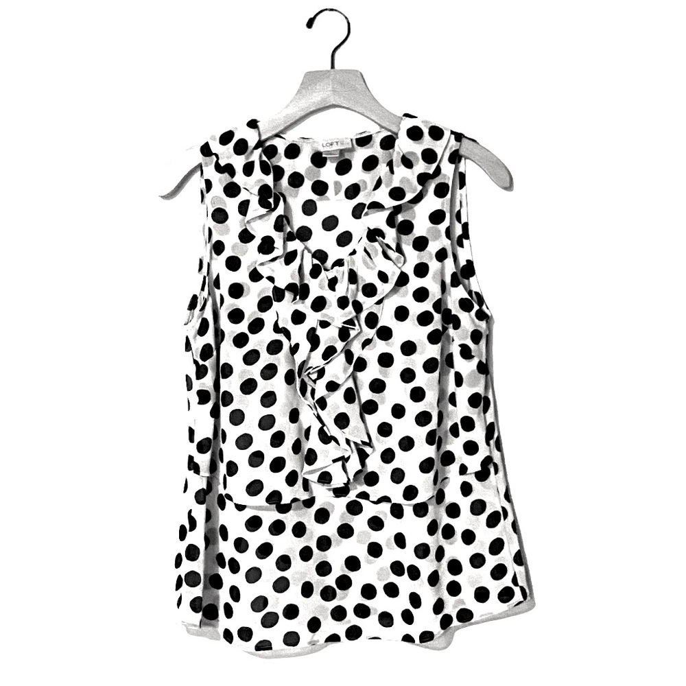 Summer perfect Loft ruffle front top layered White and black polka dots.